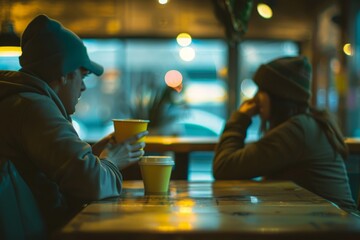 Two People Sharing a Cup of Coffee at a Table in a Cafe