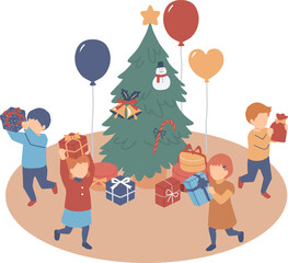 クリスマスプツリーと子供たちのイラスト