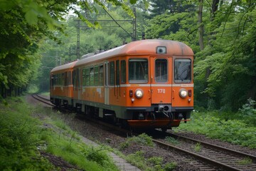 Obraz premium Orange Train on Forest Track