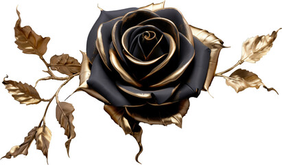 A single black rose with gold accents and leaves. Elegant and classic.