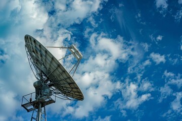 Satellite dish in blue sky with clouds