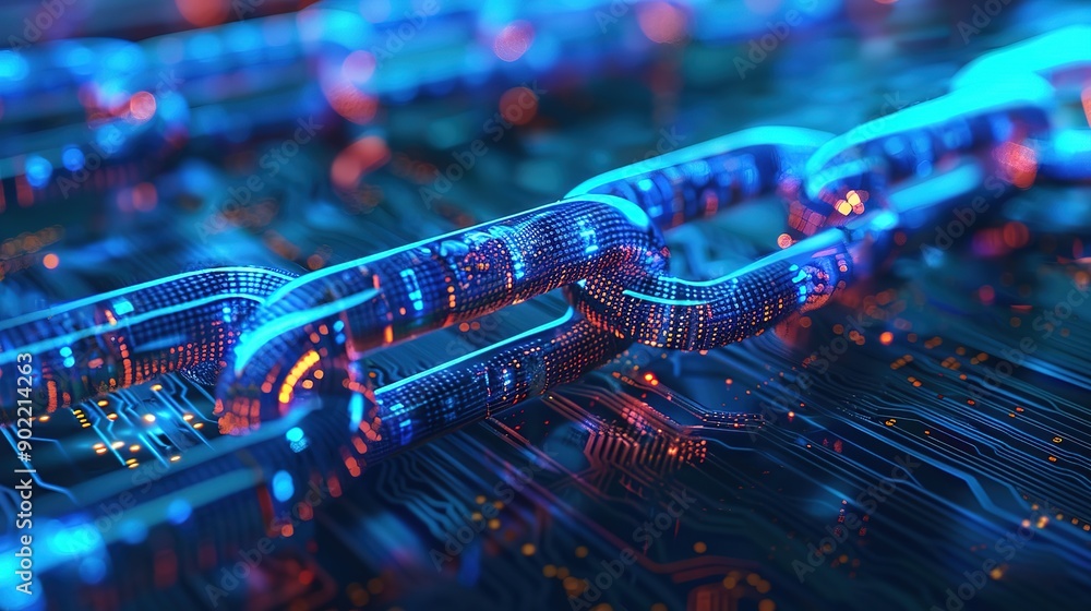 Poster superb blockchain technology concept, chain in form of pc circuit board with cpu on blue futuristic