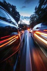 Fototapeta premium Moving Cars on Highway at Sunset
