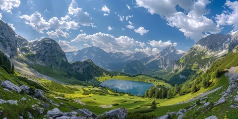 Fototapeta premium Serene Mountain Lake Amidst a Lush Alpine Landscape