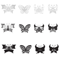 Simple butterflies. Small set in two styles, doodle and silhouette. Vector illustration isolated on white background.