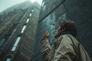 Man Looking Up at Tall Buildings in the Rain