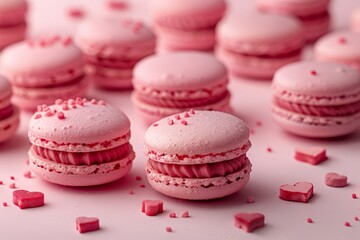 Fototapeta premium Pink Macarons with Heart Shapes on a Plain Background