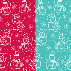 Seamless pattern of Cute Christmas Snowman with red and Turqouise background,wrapping paper- Christmas vector design 