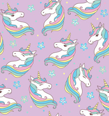 Unicorn Seamless Pattern with flowers and Stars, Purple Pastel Background- Unicorn vector illustration