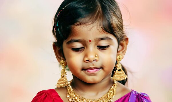 Medium shot portrait of an Indian child female against a pastel or soft colors background wearing bindi and traditional jewelry