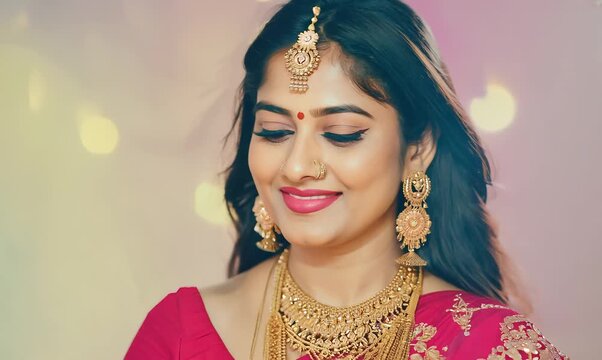 Group portrait of an Indian woman in her 30s against a pastel or soft colors background wearing bindi and traditional jewelry