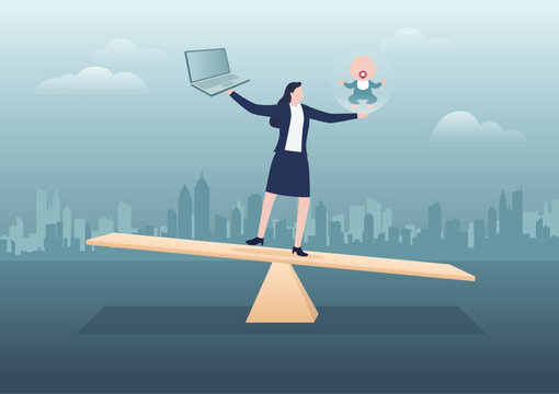 Woman keeping balance between career and family. Work life balance concept. Choice, comparison of business, job and mother housewife with child, baby.