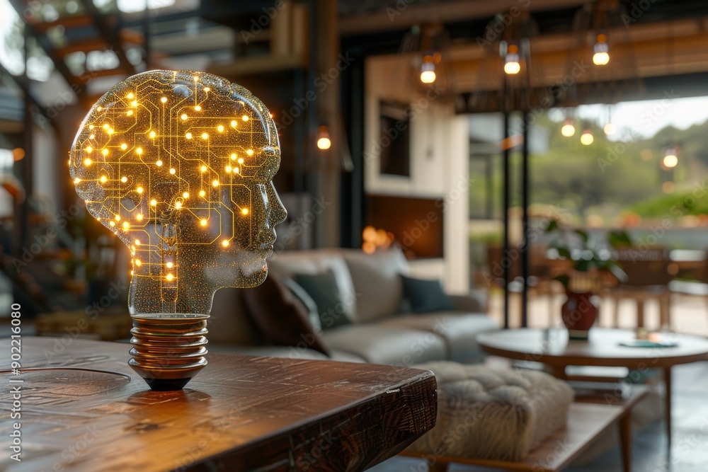 Poster Light bulb with brain inside placed on a wooden table symbolizing creative ideas and intellect