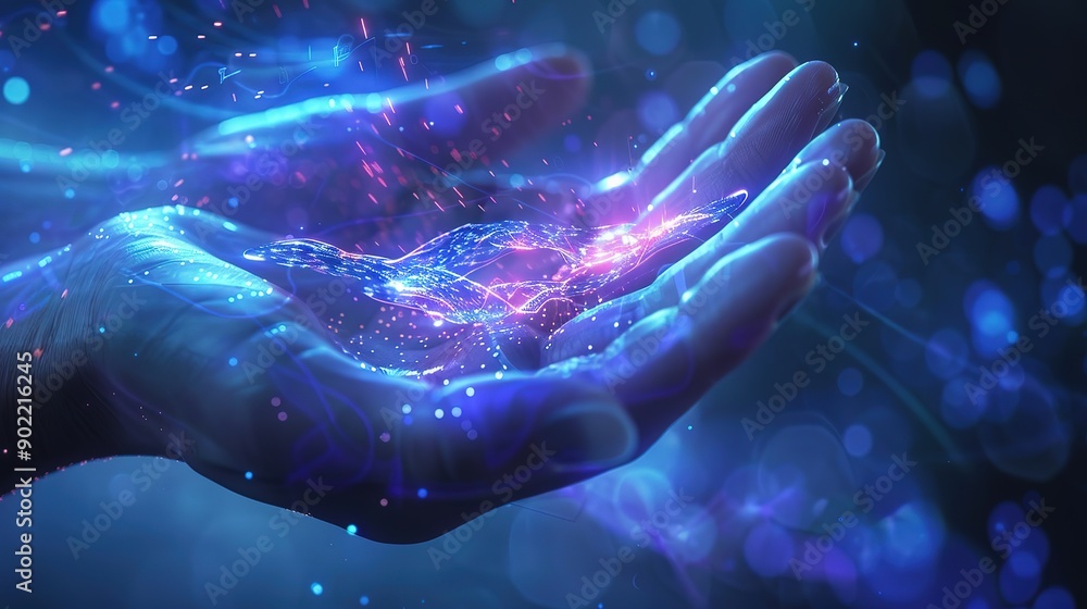 Poster wonderful metaverse, web and blockchain technology concepts, opened hand levitating virtual objects