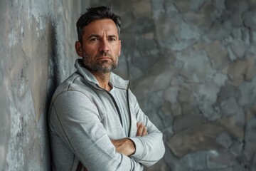 Fototapeta premium Confident Man in Gray Jacket Leaning Against Wall