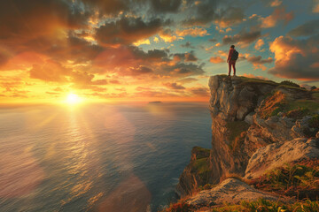 Adventurer overlooking grand canyon vista enjoying a stunning sunset