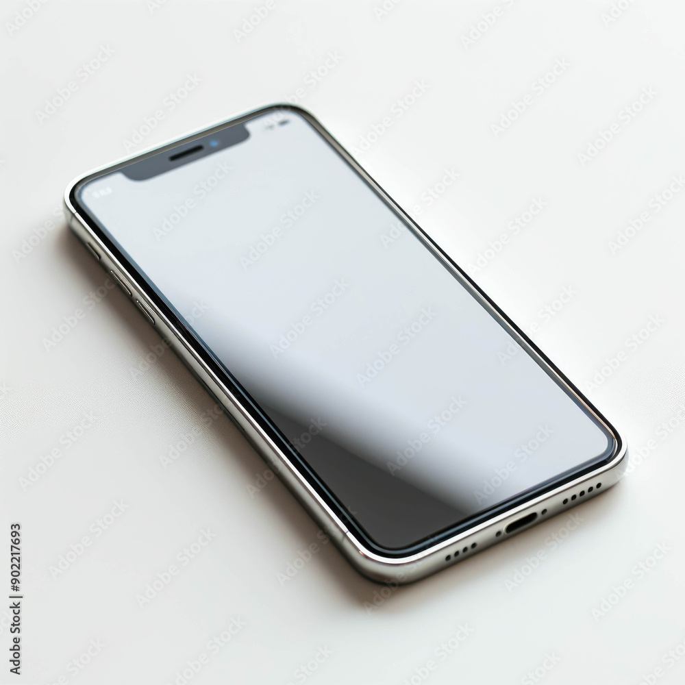 Poster a modern smartphone with a blank screen displayed on a white surface, showcasing a minimalist design