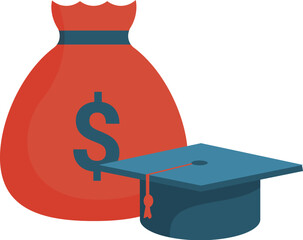 Money bag with dollar sign and graduation hat representing investing in education