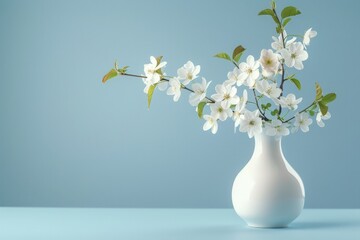 White Flowers in Vase on Blue Background