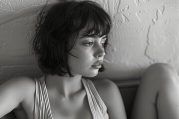 the image features a young woman in a contemplative pose she is seated on a simple 