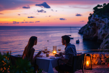 Romantic dinner by the sea at sunset