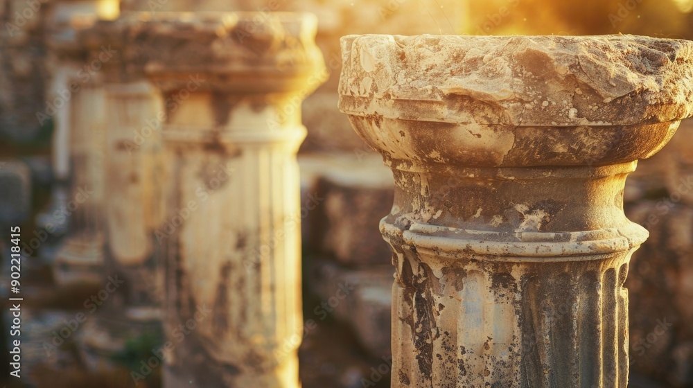 Poster ancient column ruins with blurred background and space for text