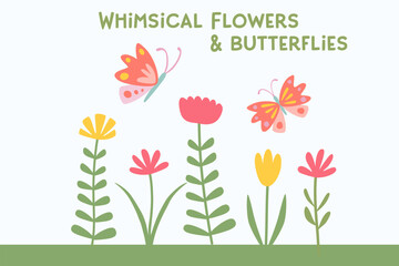 Whimsical Flowers and Pretty Butterfly Pastel Color in SVG Vector