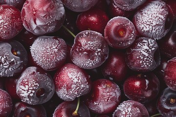 Close-up of frozen cherries with an intense red color and juicy texture. Frozen cherries, ideal for smoothies, desserts and snacks.