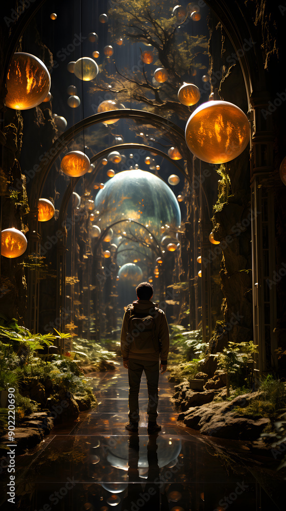 Poster a lone figure stands in a surreal, mystical forest pathway adorned with glowing orbs and intricate a