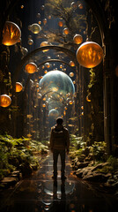 Obraz premium A lone figure stands in a surreal, mystical forest pathway adorned with glowing orbs and intricate arches. The path reflects the enchanting atmosphere, creating a captivating visual.
