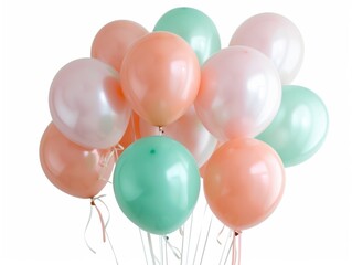 A cluster of peach light pink and mint balloons ready for celebration against a bright white backdrop