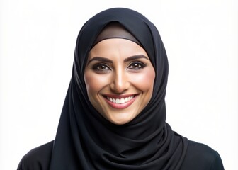 Naklejka premium Vibrant smiling Arabian female face with elegant features, wearing a black hijab, isolated on transparent background, showcasing beauty, confidence, and modern essence.