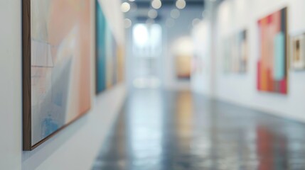 Fototapeta premium Colorful artworks showcased in a bright gallery filled with soft bokeh lighting