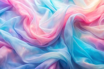 Obraz premium Soft pastel hues blend in a dreamy abstract gradient background with wavy blue undertones, pink streams, and multi-colored fabric-like texture, evoking artistic watercolor canvas.