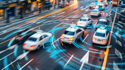 Futuristic Technology Autonomous Vehicles Connected on a City Highway, auto pilot