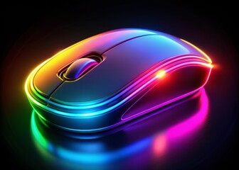 Vibrant neon wireless mouse icon glows brightly against a sleek black background, featuring sleek curves and a futuristic design in a stunning 3D rendition.