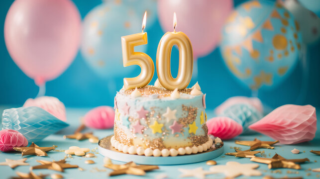 Birthday cake with big fancy burning lit candle number 50. Background for a party or an anniversary celebration with decorations and copy space for text. Vivid blue color tone.