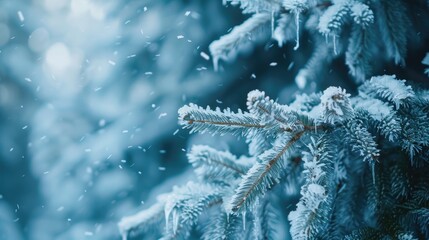 Close up of snow covered fir tree branches with icicles in winter forest Authentic winter spring backdrop