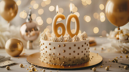 Birthday cake with big fancy burning lit candle number 60. Background for a party or an anniversary celebration with decorations and copy space for text. Glitter gold color tone.