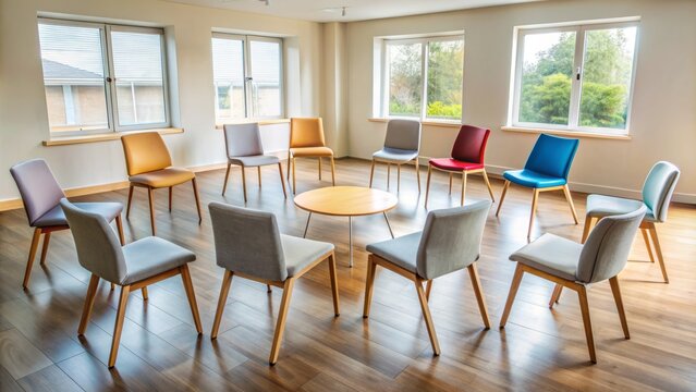 Empty chairs arranged in a circle, symbolizing a safe and supportive environment for mental health discussions, therapy sessions, and emotional healing.