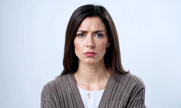 Group portrait video of a woman in her 30s with furrowed brows and a tense expression due to hypertension wearing a chic cardigan against a white background 