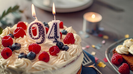 Birthday cake with big fancy burning lit candle number 94. Background for a party or an anniversary celebration with decorations and copy space for text. Cozy white and red color tone.
