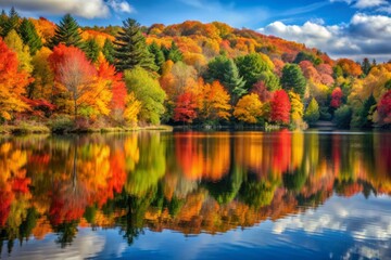 Naklejka premium Vibrant autumn foliage surrounds serene lake waters, reflected perfectly amidst stillness, with nature's kaleidoscope of orange, yellow, red, and green hues painting the tranquil scene.