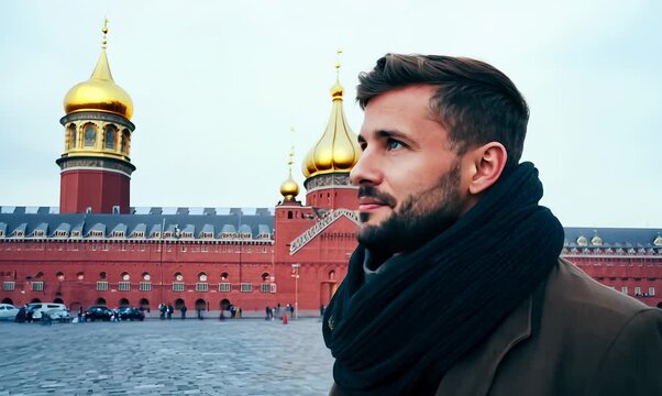 Handsome man with a beard and mustache in a brown jacket in a scarf on the background of the Moscow Kremlin