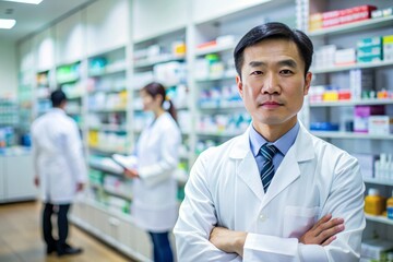 Asian-themed pharmacy interior with a blurred male pharmacist in the background, surrounded by fully stocked shelves of various medications and healthcare products.