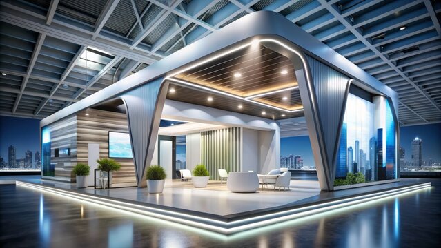 Modern sleek pavilion exhibition stand with futuristic 3D building montage installation, showcasing innovative architectural design and cutting-edge technology in a grand tradeshow setting.