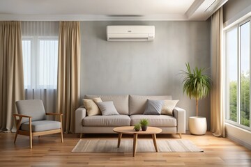 Fototapeta premium Modern white air conditioning unit mounted on a light gray wall in a cozy living room with cream-colored curtains and wooden furniture nearby.