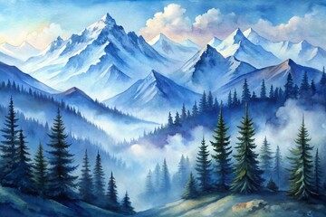 Fototapeta premium Serene rugged high mountain landscape with misty snow-capped peaks, gentle slopes, and serene valleys, rendered in soft ethereal watercolor hues of blue and white.