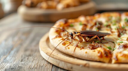 Close-up of a cockroach on a pizza slice. Unhygienic food concept highlighting pest problem and contamination in restaurants.