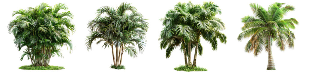 Fototapeta premium Four green palm trees on a white background. Tropical vacation concept. Suitable for travel brochures, posters, and vacation themed designs.